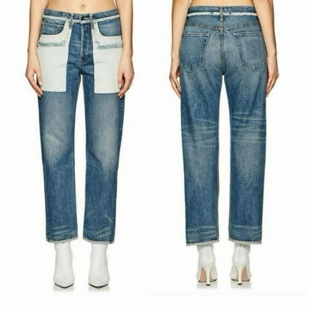 Helmut Lang Inside Out Oversized Boyfriend Jeans Size 24 Patch Pocket Blue Denim